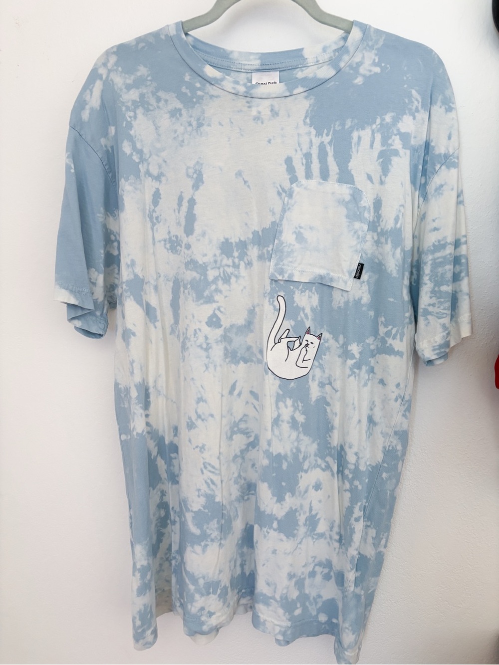 Ripndip Light Blue & White Tie-Dye Upside Down Pocket Tee with Cat Falling